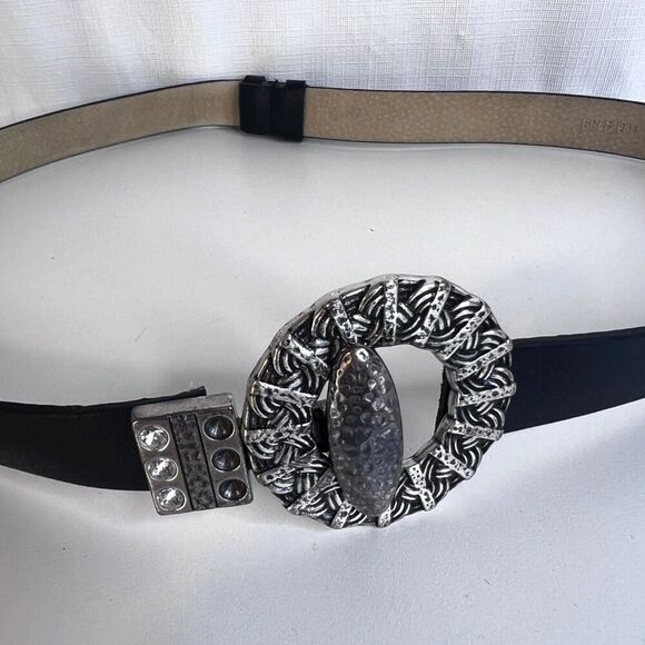 Chicos Statement Hammered Metal Buckle Belt Adjustable Black S/M Boho Western - Picture 5 of 7
